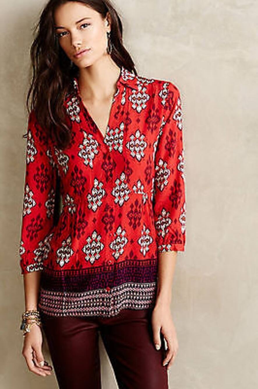 Anthropologie Maeve Woodland Walk Button Front Red Rayon Shirt Size 10